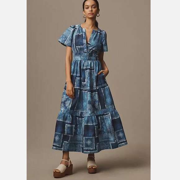 Anthropologie The Somerset Maxi Dress Cotton Bandana Patchwork Print Blue L NWT